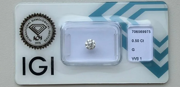 1 pcs Diamond (Natural) - 0.50 ct - Round - G - VVS1 - International Gemological Institute (IGI)