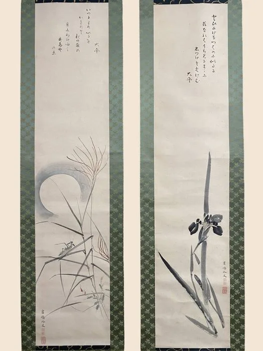 Very fine sumi-e diptych "Irises and Autumn Grasses", signed - Paper - Motoori Ohira (1756-1833) - Japan - Edo Period (1600-1868)