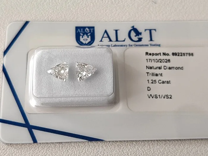 2 pcs Diamond (Natural) - 1.25 ct - Triangle - D (colourless) - VVS1, VS2 - Antwerp Laboratory for Gemstone Testing (ALGT)