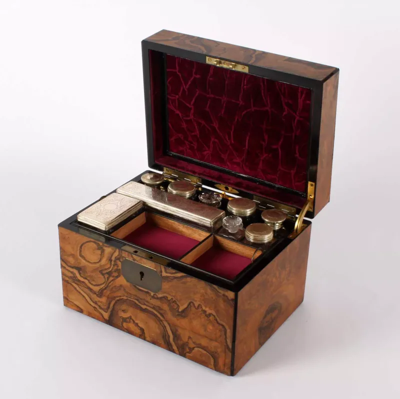 A Victorian Walnut Travelling Vanity Box with Fitted Interior by H. Greaves of Birmingham