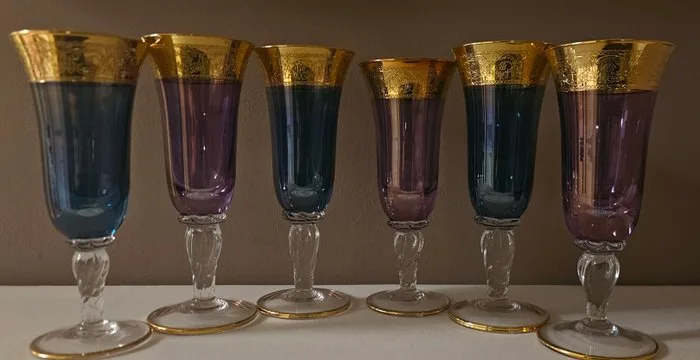 ISMIE showroom - Drinking service (6) - superlative and massive blue and purple flute in gold - Crystal, Gold