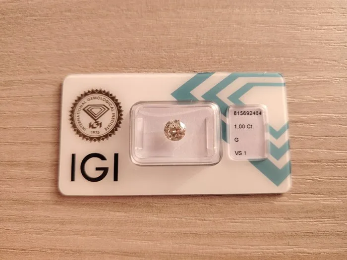 1 pcs Diamond (Natural) - 1.00 ct - Round - G - VS1 - International Gemological Institute (IGI) - IGI Certified