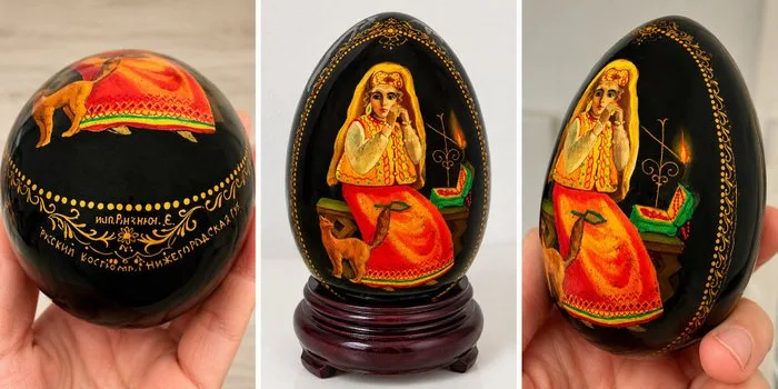 Figurine - Russisch handbeschilderd lak-ei – gesigneerd - Wood
