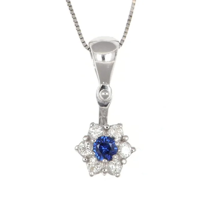 Necklace with pendant - 18 kt. White gold Sapphire - Diamond