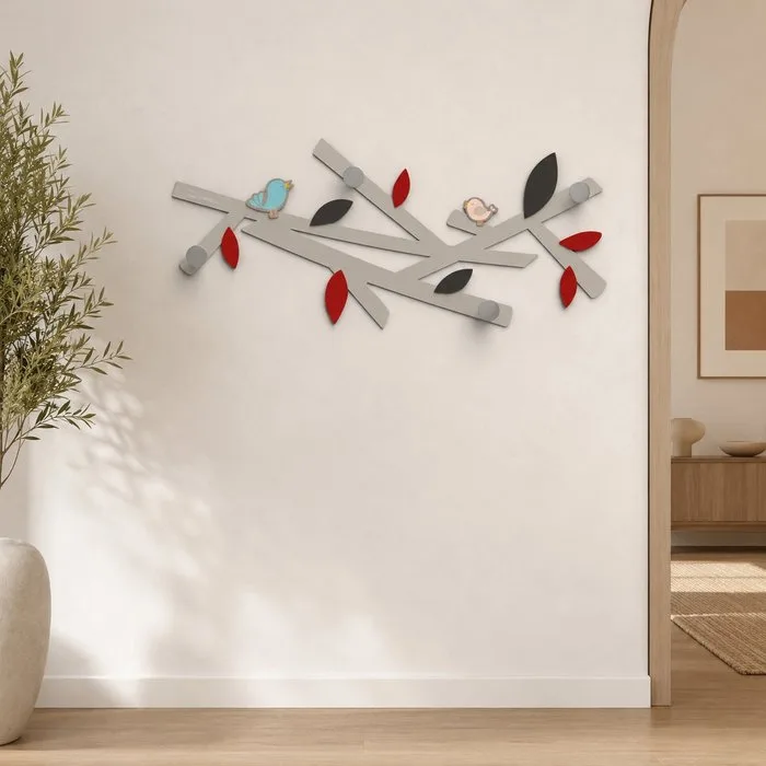 Francesco Calo - Set of coat hooks - FOR ME - Wood, Aluminum - 01 - Red branch