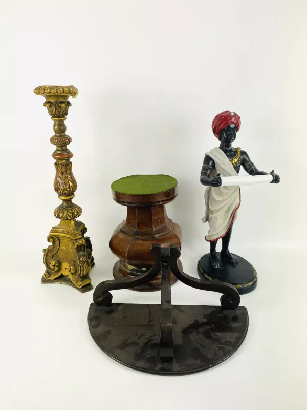 A collection of four items to include a 19th century carved gilt wood Baroque style candle stick