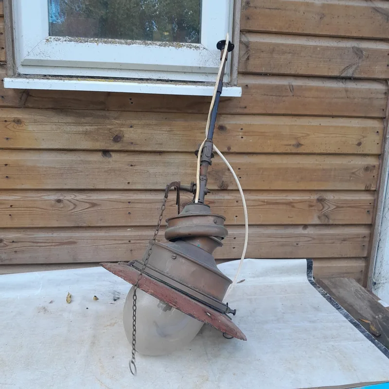 Early 20th century enamel and copper industrial gas light with milk glass shade