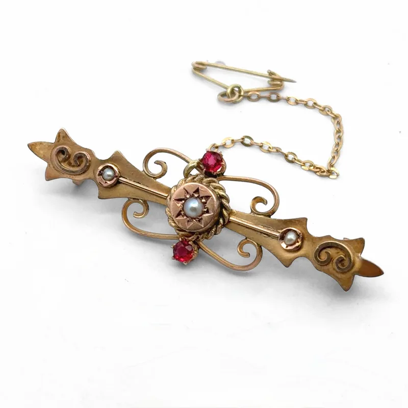 Victoria Gold, Pearl and Red Stone Brooch