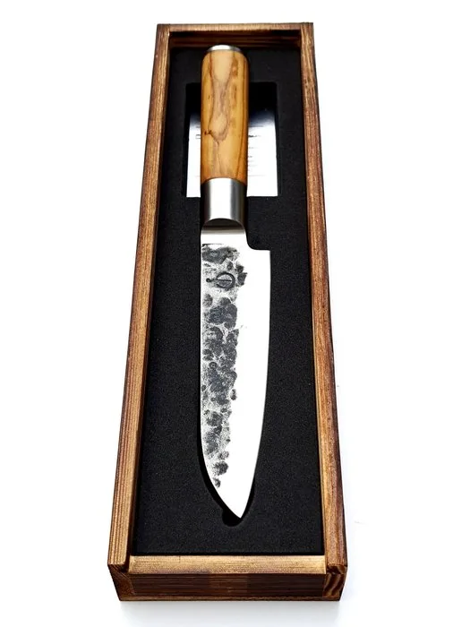 Santoku Knife - Hammered and Forged - 440C Japanese Stainless Steel - Olive Wood - Kitchen knife - Stainless steel - Japan