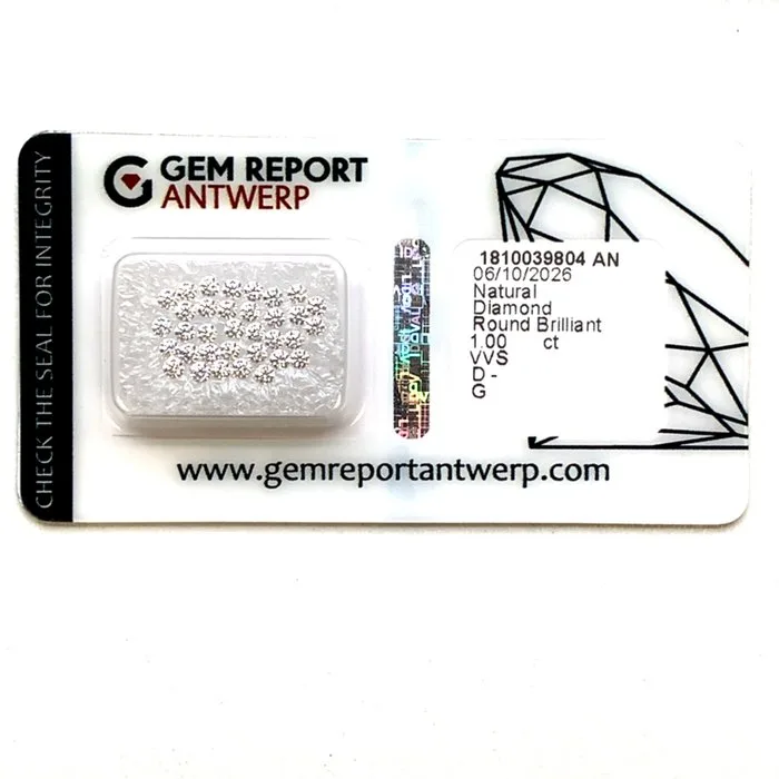 34 pcs Diamond (Natural) - 1.00 ct - Round - D (colourless), E, F, G - VVS1 - Gem Report Antwerp (GRA)