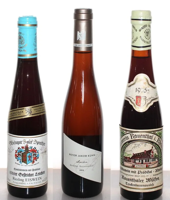 1976 + 1988 + 2016 Riesling Trockenbeerenauslese + Beerenauslese + Eiswein - VDP Spreitzer, P.J. Kühn - Rheingau Oestrich Lenchen - Rauenthaler Wülfen - 3 Flaschen (0,35 l + 0,375 l)