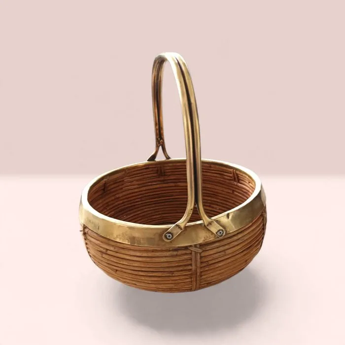Basket - 1970 modern Century - Brass, Rattan - Gabriella Crespi style