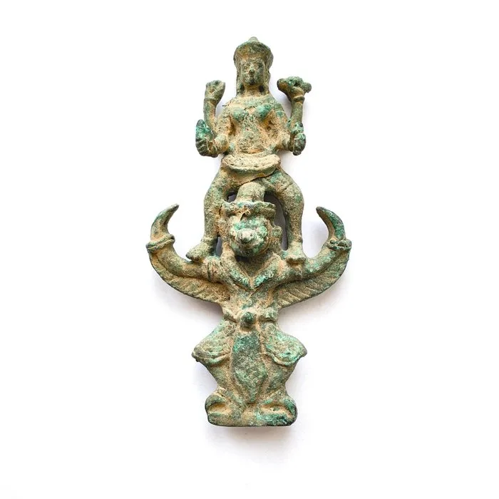 Ancient Indochinese Bronze Vishnu on Garuda Statuette Idol Bead Talisman - 98 mm
