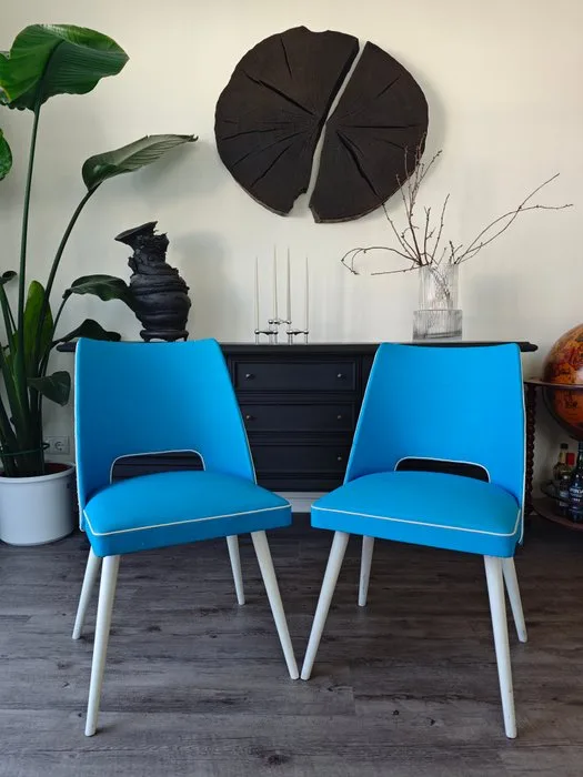 Chair - Wood, Synthetic leather - Pair of mid-century dining chairs