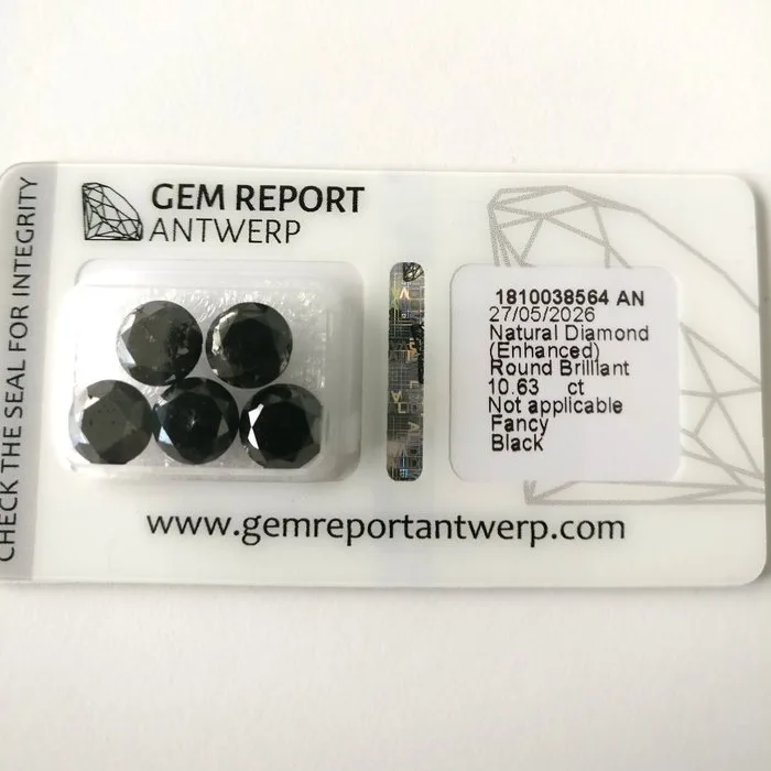 5 pcs Diamond (Colour-treated) - 10.63 ct - Round - Not specified in lab report - Gem Report Antwerp (GRA) - Fancy Black