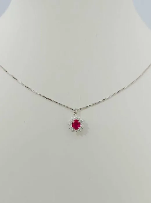 Necklace with pendant - 18 kt. White gold Diamond (Natural) - Ruby