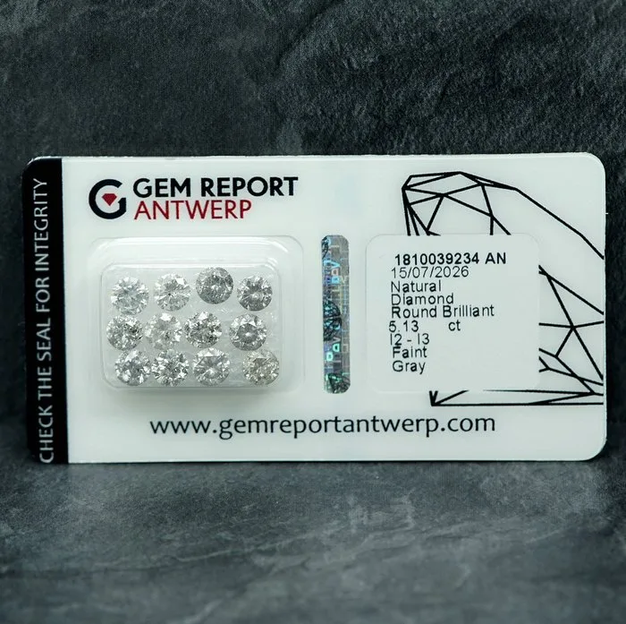 12 pcs Diamond (Natural coloured) - 5.13 ct - Round - Faint Grey - I2, I3 - Gem Report Antwerp (GRA)