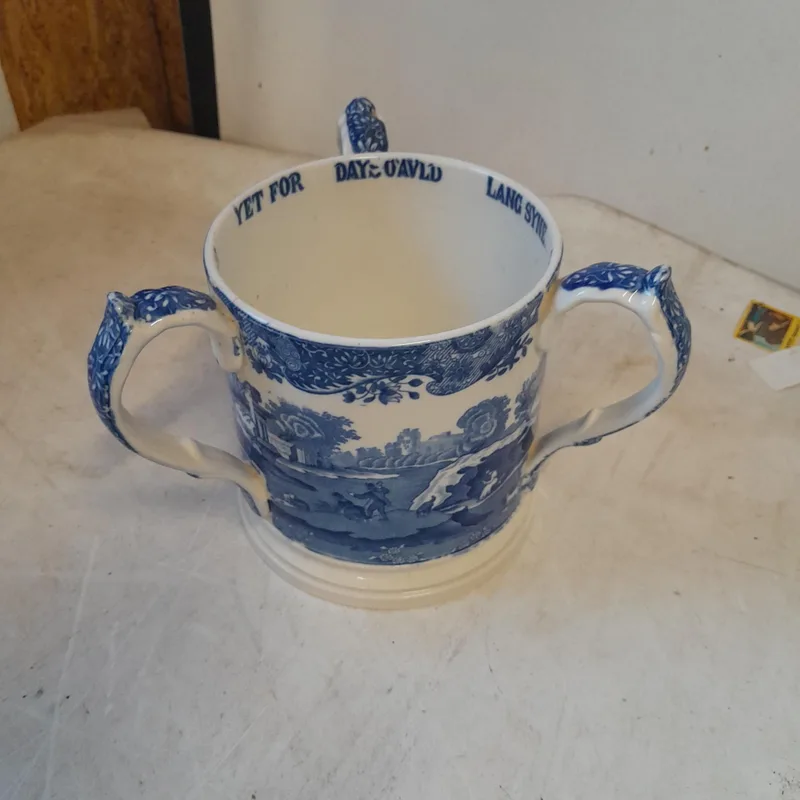 19th century blue and white transfer print three handle cider mug / tyg with hairline