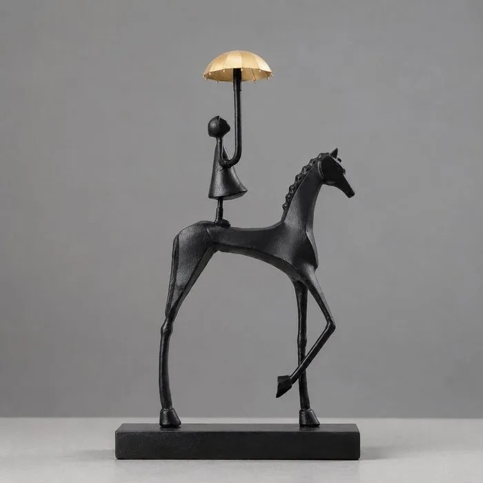 Sculpture, The person holding an umbrella on horseback - 38 cm - Metal