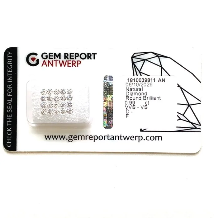 20 pcs Diamond (Natural) - 0.99 ct - Round - D (colourless), E, F - VVS1, VVS2, VS1, VS2 - Gem Report Antwerp (GRA)