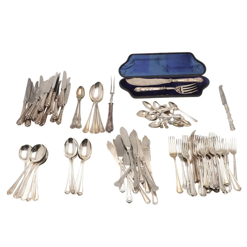 A Cased Fish Serving Knife and Fork Pair and a Part Canteen of Silver Plated Cutlery