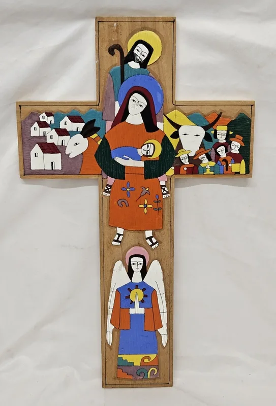 Large Wall Hanging Crucifix decorated with brightly coloured figural scenes approx.