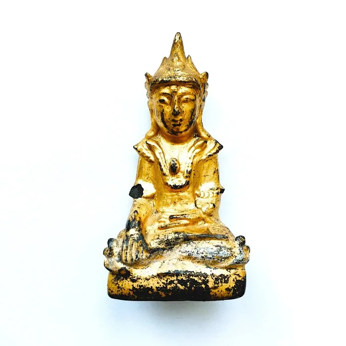 Ancient Indochinese Gilded Wood Sitting Buddha Statue Talisman - 117 mm