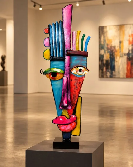 Sculpture, Grote abstracte vloersculptuur met twee gezichten – handbeschilderd metaal - 100 cm - Metal