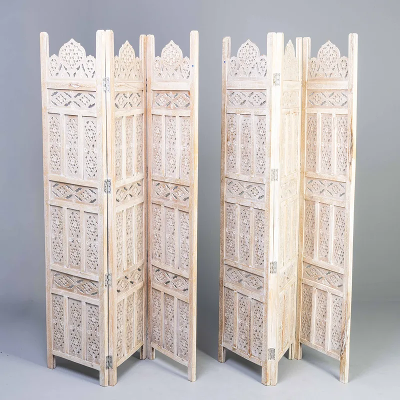 A Pair of Limed Wood Arabic Design Folding Screens