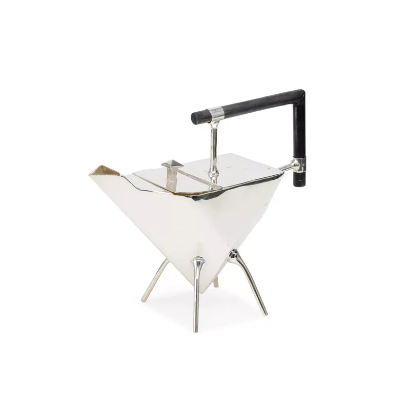 A Christopher Dresser Style Silver-Plated Teapot of inverted pyramid form with an angular ebonised handle, the hinged cover with a square finial