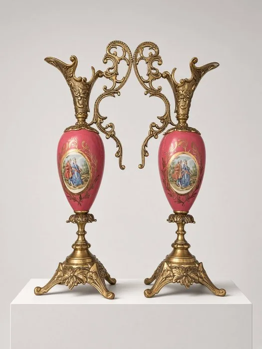Vase (2) - A Fine Pair of French Sèvres-Style Porcelain and Gilt-Bronze Ewers, Late 19th Century - Porcelain