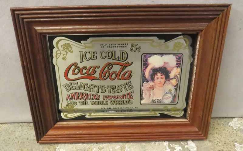 Small Coca Cola Ice Cold Advertising Mirror approx. 28cm H x 38cm (BW)