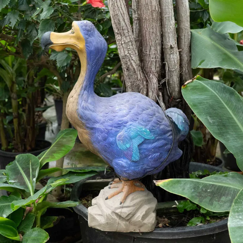 A composite sculpture of a Dodo The Dodo with gold and purple plumage perched on a rock