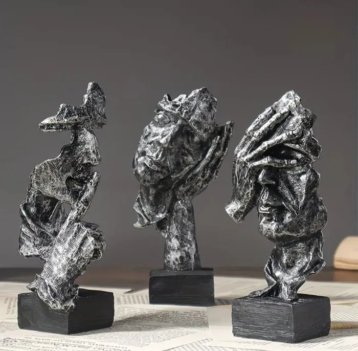 3pcs Silver Sculpture, "*Silence is Golden*" - Sculpture, SILENCE - 16 cm - Resin