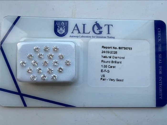 19 pcs Diamond (Natural) - 1.05 ct - Round - E, F, G - VS1, VS2 - Antwerp Laboratory for Gemstone Testing (ALGT) - VS