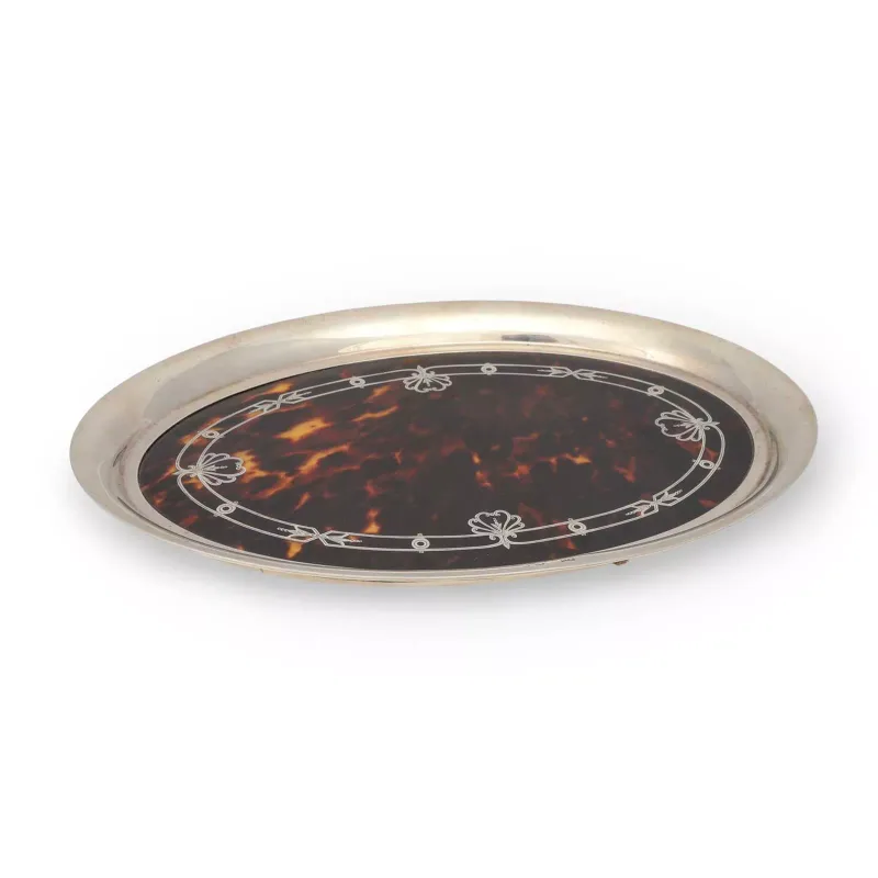 A George V Silver And Tortoiseshell Piqué Dressing Table Tray by Walker & Hall, Birmingham 1928, of oval form