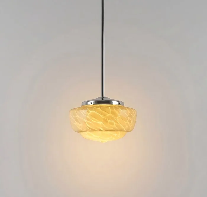 Hanging lamp - Yellow Marbled Opaline Glass & Chromed Metal - Art Déco