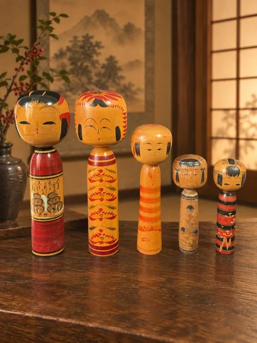 5 Vintage Japanese Traditional Kokeshi Dolls – Signed Artisans – Tōgatta / Tōhoku Folk Art – Japan - Wood - Japan - Shōwa period (1926-1989)