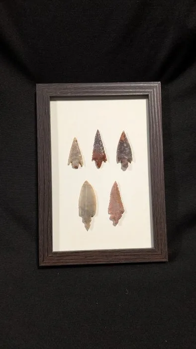 Neolithic Flint collection mounted on a frame of arrowhead points; Neolithic biface tools; private archaeology - 170 mm
