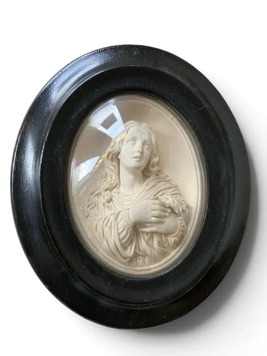 Antique devotional plaque - Virgin Mary - Plaque - Meerschaum, Wood, Glass
