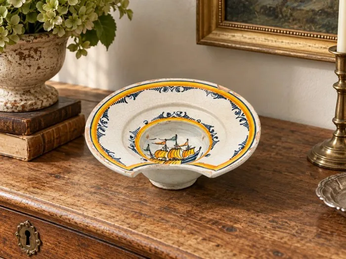 Antieke faïence jatte of saladier uit Nevers – vermoedelijk 18e eeuw, met maritiem decor - Platter - Earthenware - Antique shaving bowls