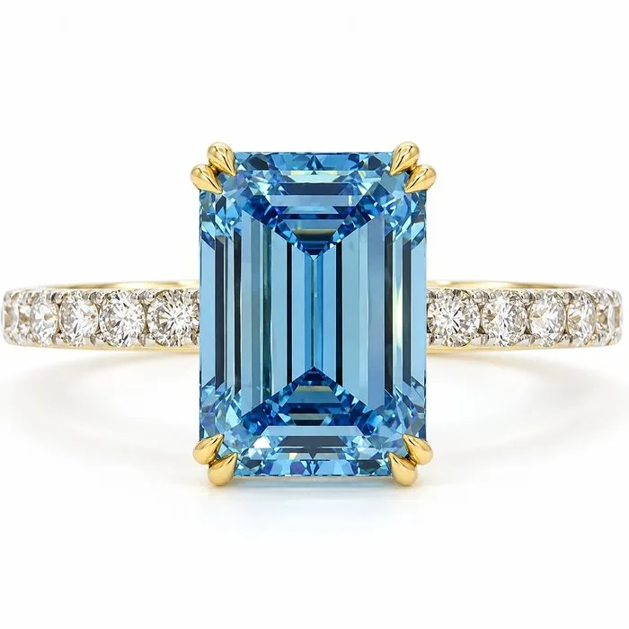 Ring - 18 kt. Yellow gold - 3.94ct. tw. Blue Diamond (Fancy coloured lab-grown diamond) - Diamond - Fancy Vivid Blue