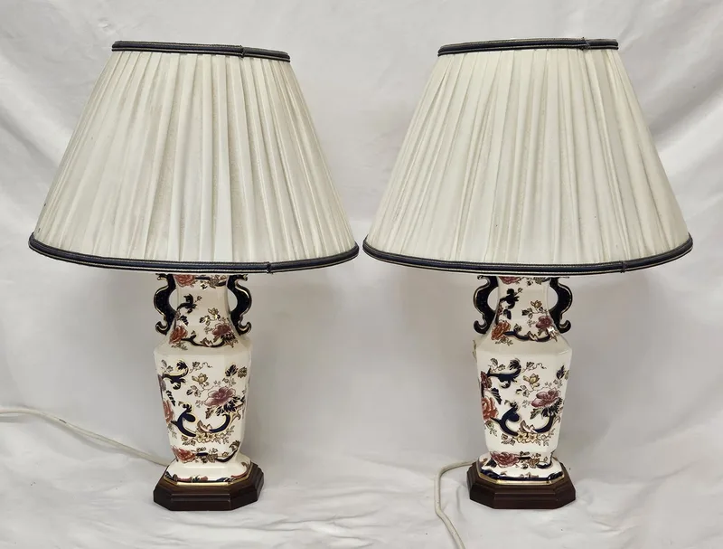 Pair Masons Mandalay Design Ceramic Lamps, cream pleated shades approx.
