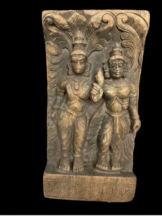 Panel - South India - Carved wood - Shiva and Parvati - teak or rosewood - Old temple sign