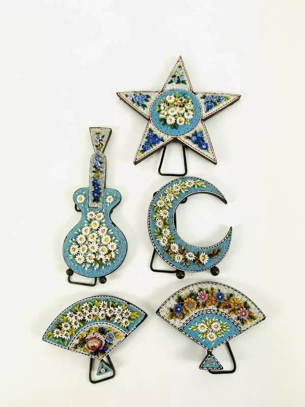 A collection of five decorative table top micro mosaic ornaments, each of different style and form. 7cms wide x 17.25cms high (guitar)