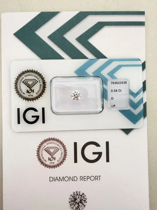 1 pcs Diamond (Natural) - 0.59 ct - Round - D (colourless) - IF - International Gemological Institute (IGI)