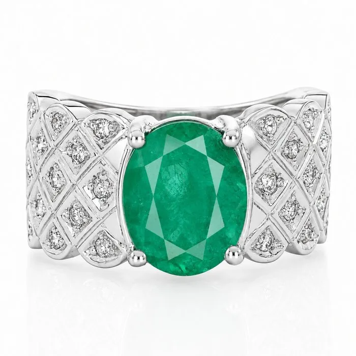 Ring - 18 kt. White gold - 3.00ct. tw. Emerald - Diamond - Made in Italy - Handmade