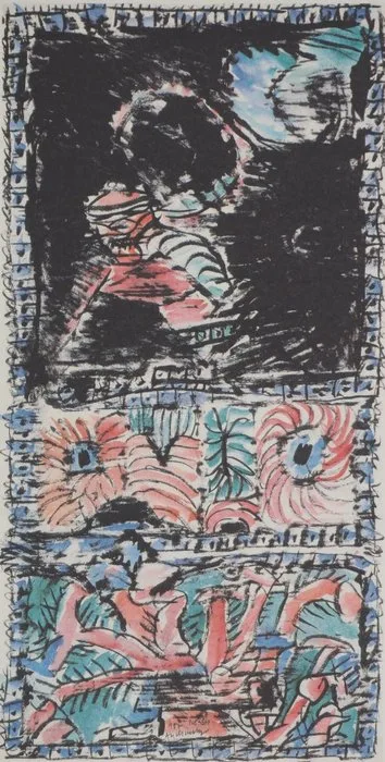 Pierre Alechinsky (1927) - Composition surréaliste aux fleurs rose