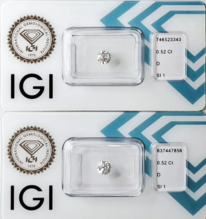 2 pcs Diamond (Natural) - 1.04 ct - Round - D (colourless) - SI1 - International Gemological Institute (IGI)