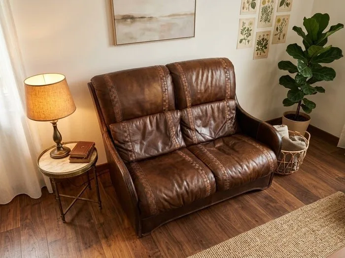Sofa - Leather, Wood - Vintage sofa